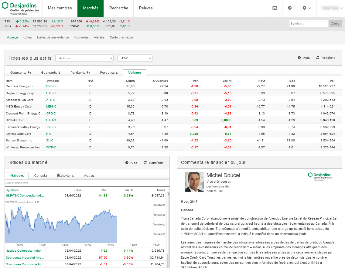 Exemple - Page d'informations sur les marchés